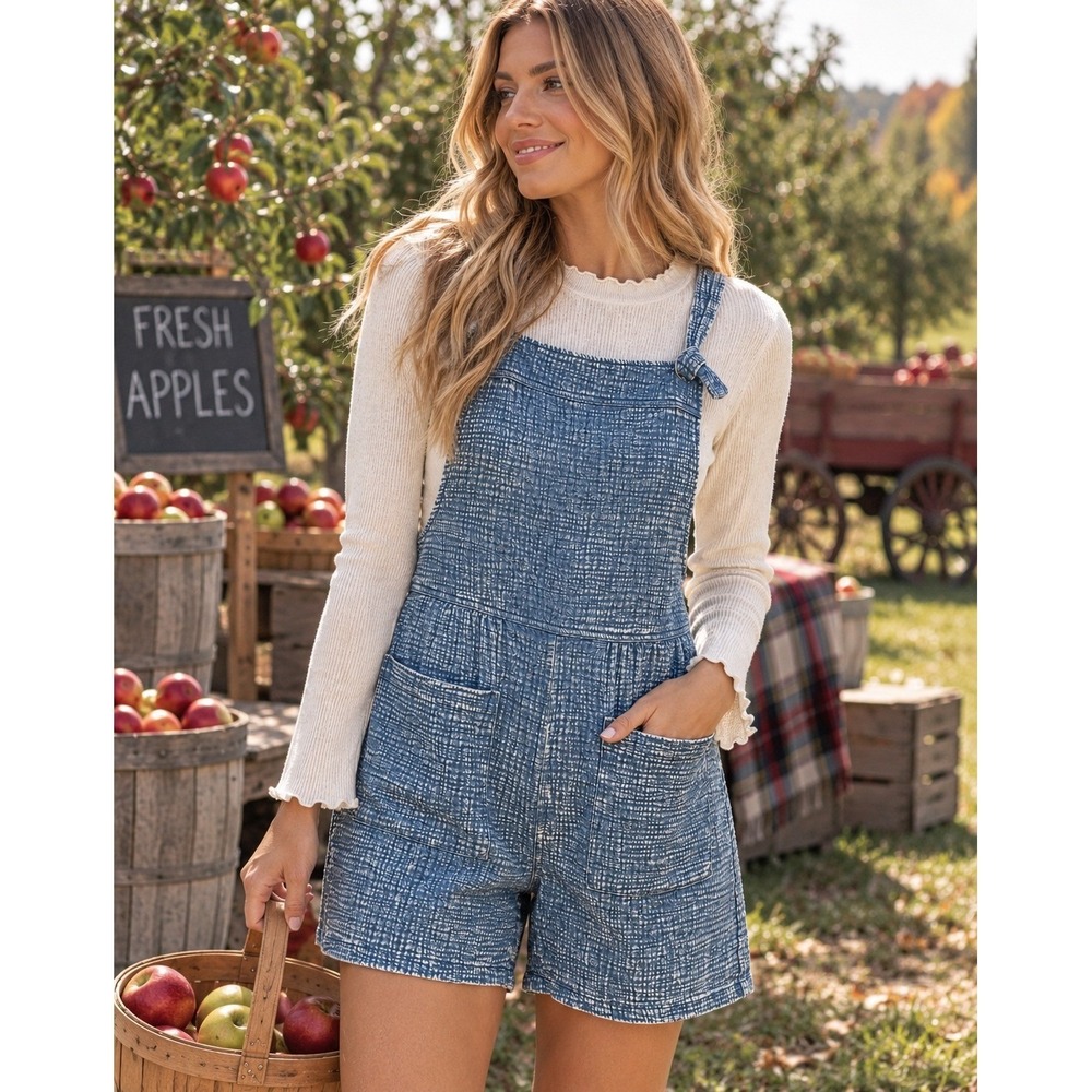 Boho Dusty Blue Gauze Shortalls Romper Acid Wash Cotton Cottagecore Small Zenana